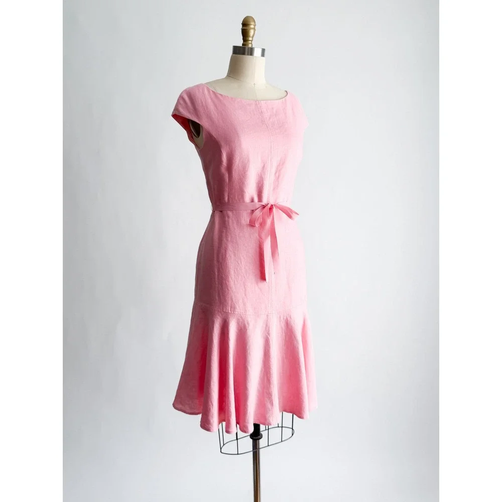 Anne Klein Linen Fit Flare Dress 8P Pink Ruffle Hem Cap Sleeve Ribbon Belt y2k